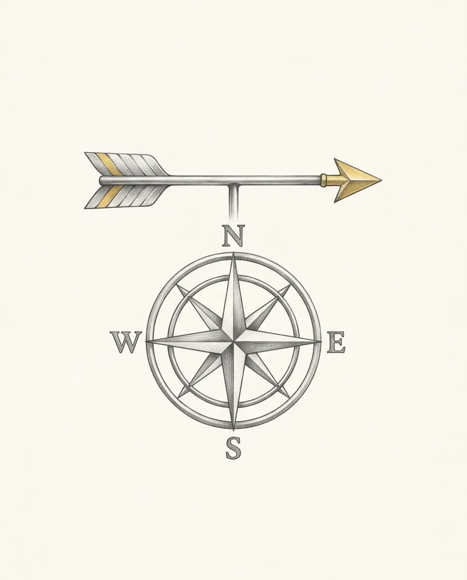 A weathervane arrow with a gilded head sits on its spindle above a compass rose marked north, south, east and west.