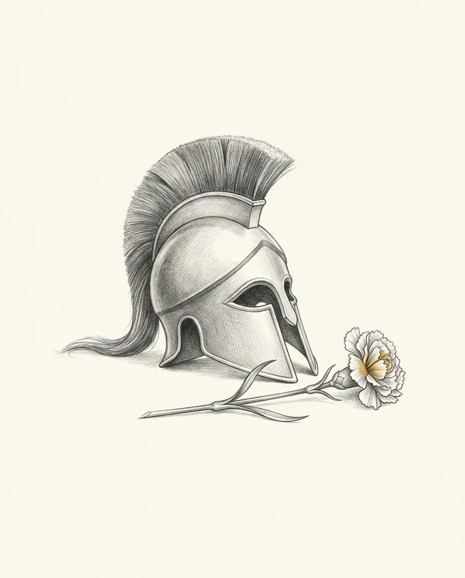 A crested Greek helmet lies on its side with the plume trailing behind, a single white carnation laid across its cheekpiece.