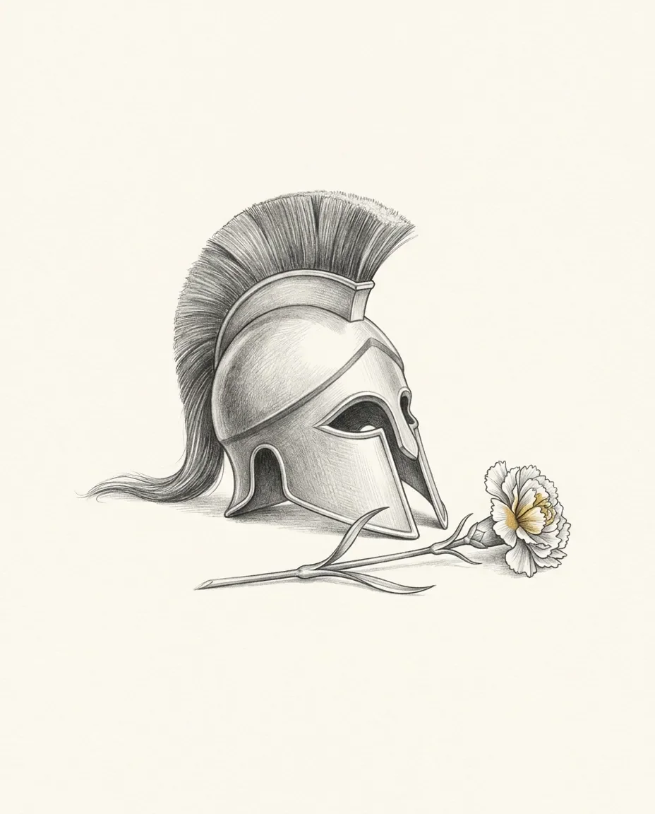 A crested Greek helmet lies on its side with the plume trailing behind, a single white carnation laid across its cheekpiece.
