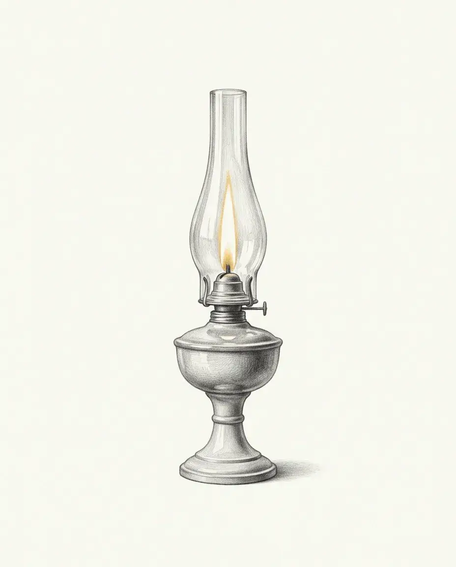 An oil lamp burns with one steady flame inside its tall glass chimney, the wick turned up on a plain footed base.