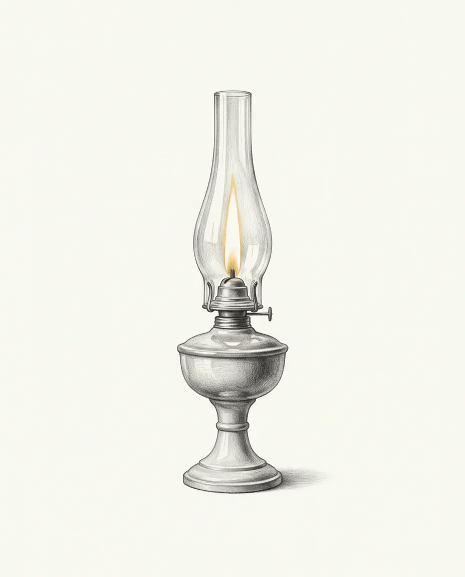 An oil lamp burns with one steady flame inside its tall glass chimney, the wick turned up on a plain footed base.