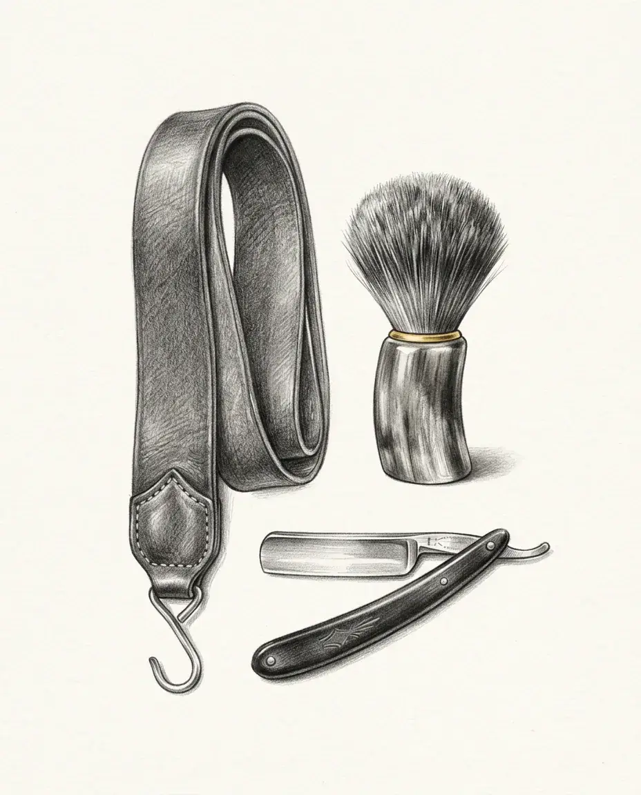 A hanging leather strop, a badger shaving brush with a brass collar and an open straight razor are set out as a barber's kit.