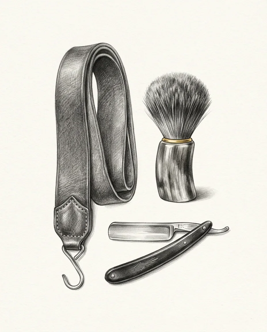 A hanging leather strop, a badger shaving brush with a brass collar and an open straight razor are set out as a barber's kit.
