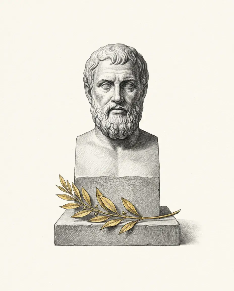 A bearded marble bust rests on a plain plinth with a gilded laurel sprig lying across the step at its foot.