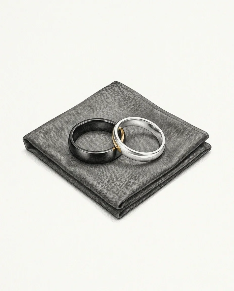 A black ring and a pale one rest linked together on a folded square of dark cloth, a thread of gold showing where they meet.