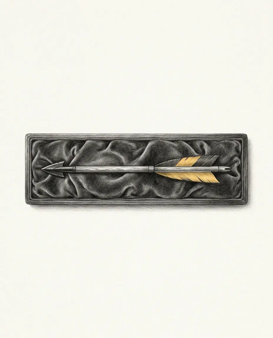 An arrow lies alone in a velvet-lined case, its gilded fletching intact and no bow anywhere in the box.