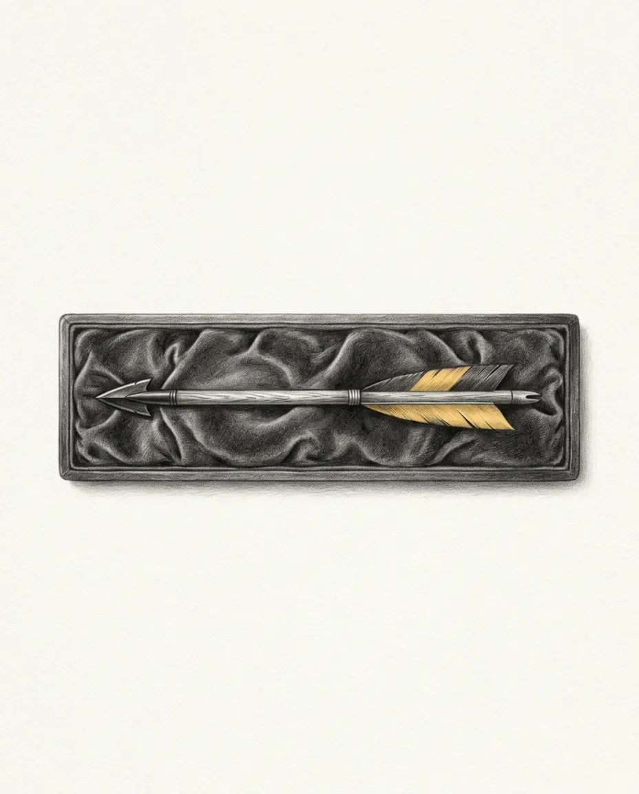An arrow lies alone in a velvet-lined case, its gilded fletching intact and no bow anywhere in the box.