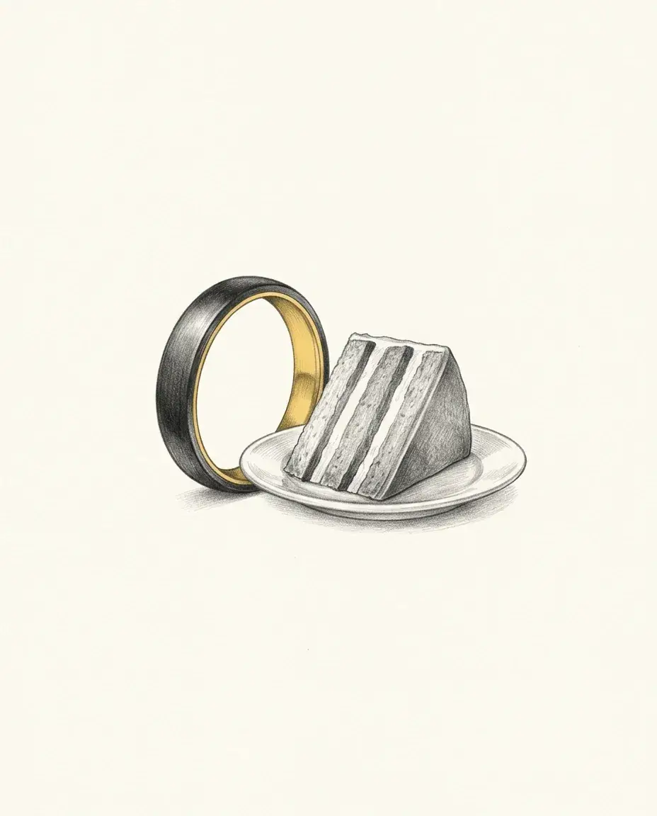 One black ring stands on edge with gold showing inside it, next to a wedge of layered cake on a small saucer.