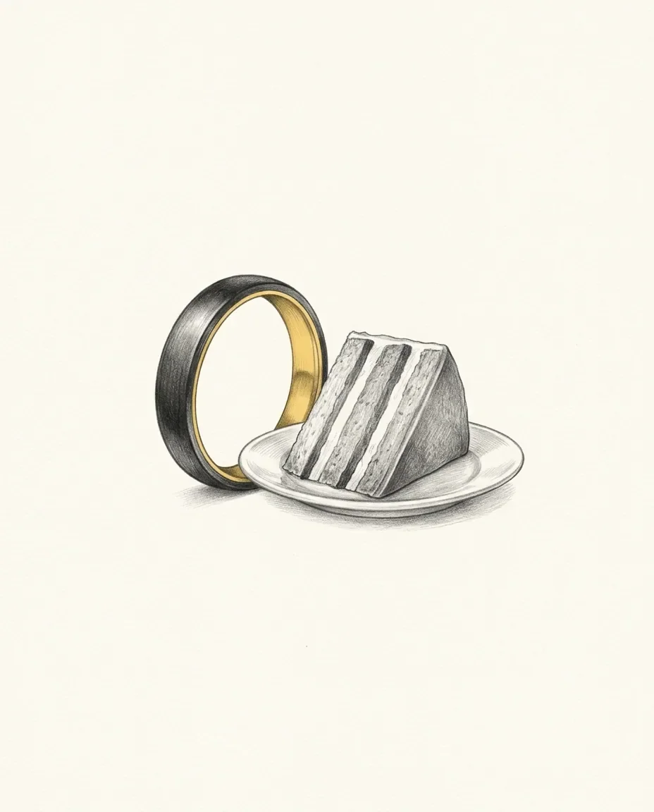 One black ring stands on edge with gold showing inside it, next to a wedge of layered cake on a small saucer.