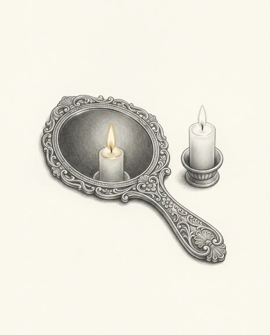 An ornate hand mirror lies face up holding the reflection of a lit candle, while the candle itself stands just beyond its rim.