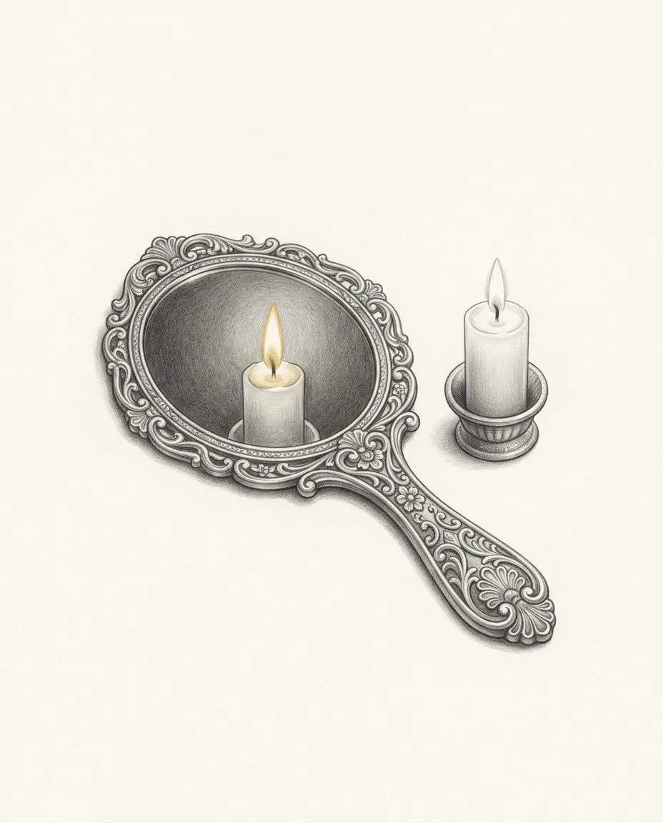 An ornate hand mirror lies face up holding the reflection of a lit candle, while the candle itself stands just beyond its rim.