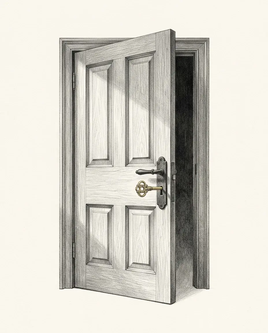 A panelled door stands part way open with an ornate gold key still turned in its lock and darkness in the gap beyond.