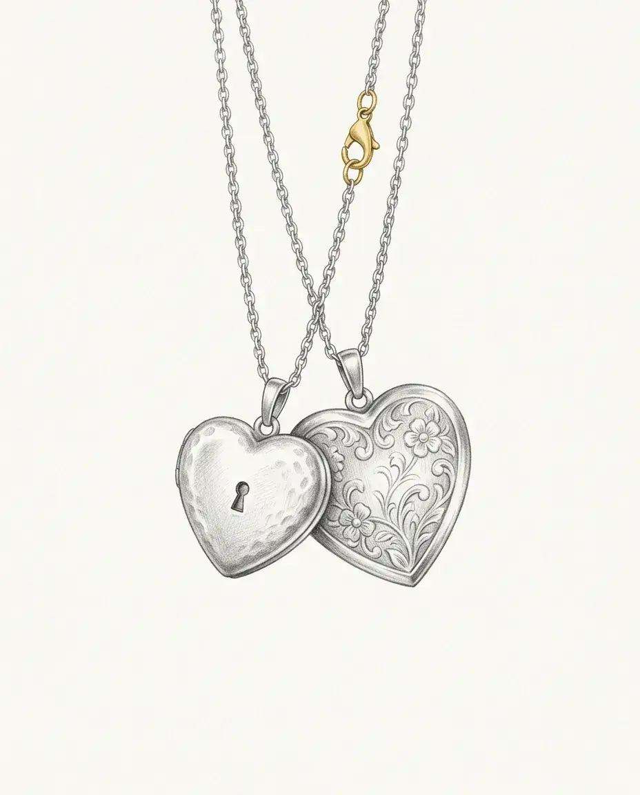 Two heart lockets hang from chains that meet at a gold clasp, one face plain with a keyhole and the other engraved with flowers.