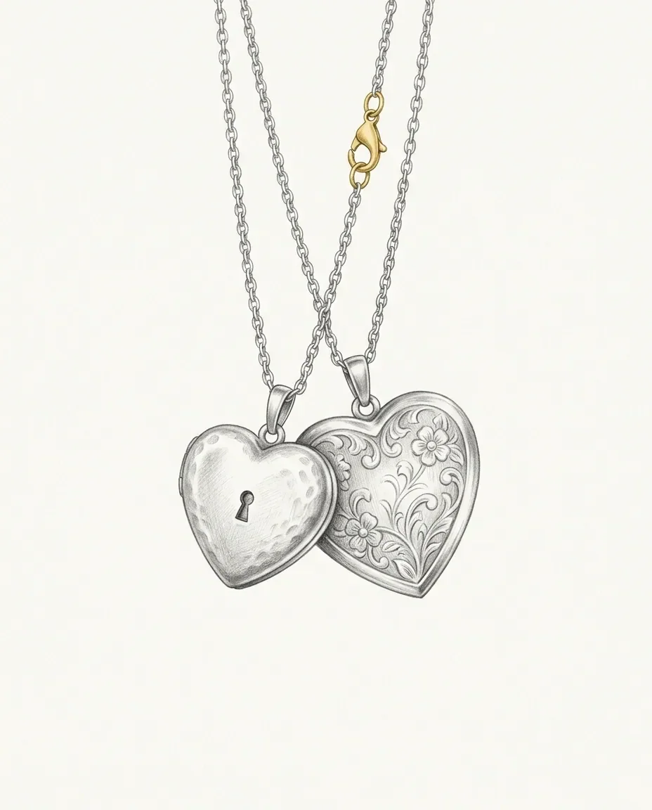 Two heart lockets hang from chains that meet at a gold clasp, one face plain with a keyhole and the other engraved with flowers.