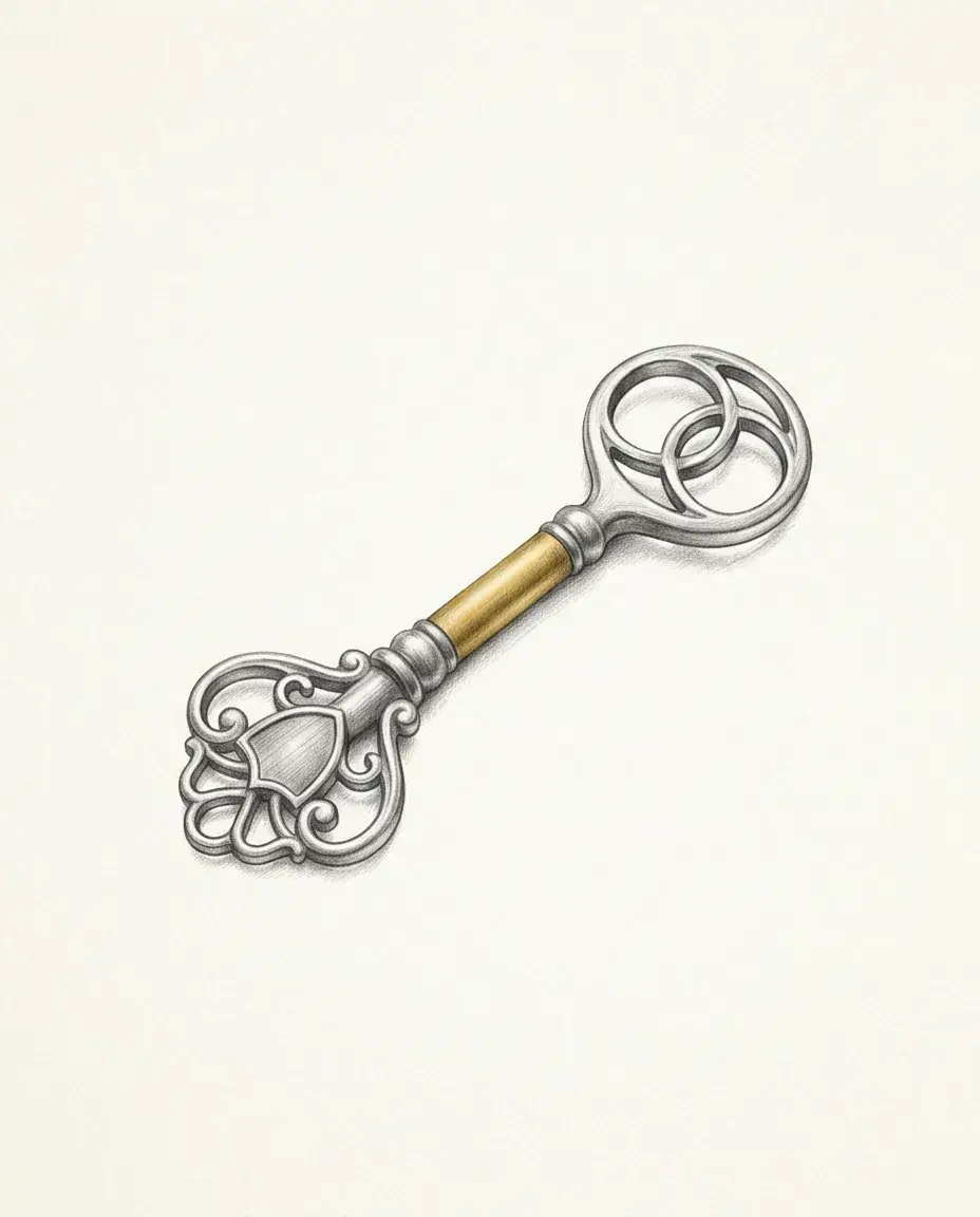 One ornate key lies diagonally, a different bow worked at each end and its shaft banded in gold between them.