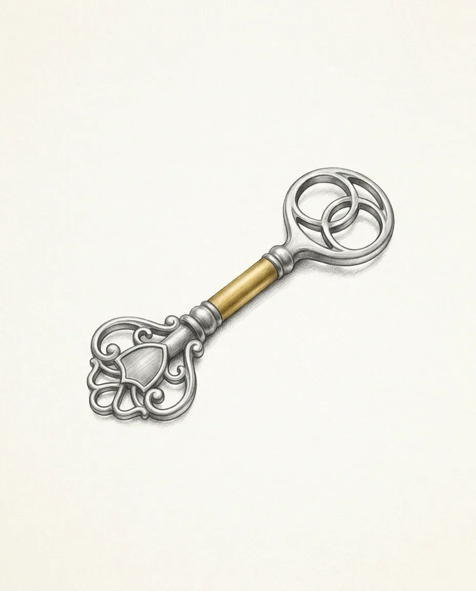 One ornate key lies diagonally, a different bow worked at each end and its shaft banded in gold between them.