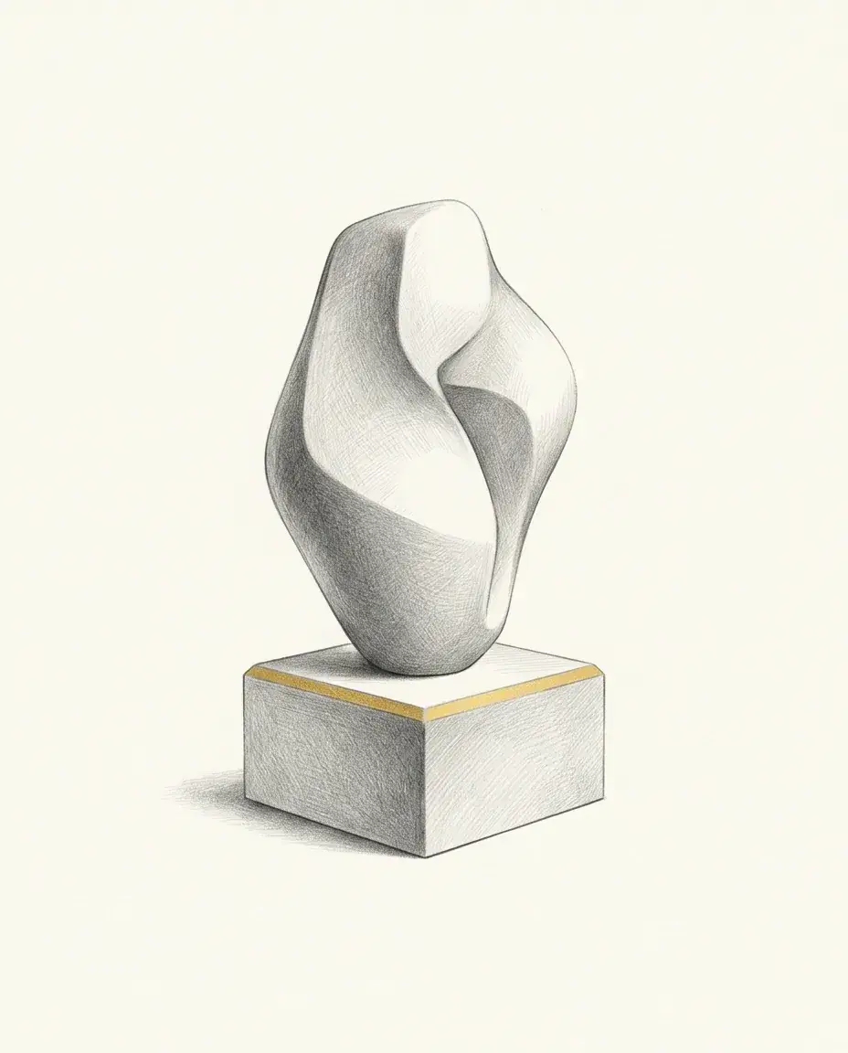 A smooth abstract form curves in on itself on a square plinth, neither angular nor rounded, with a thin gold line at the base.