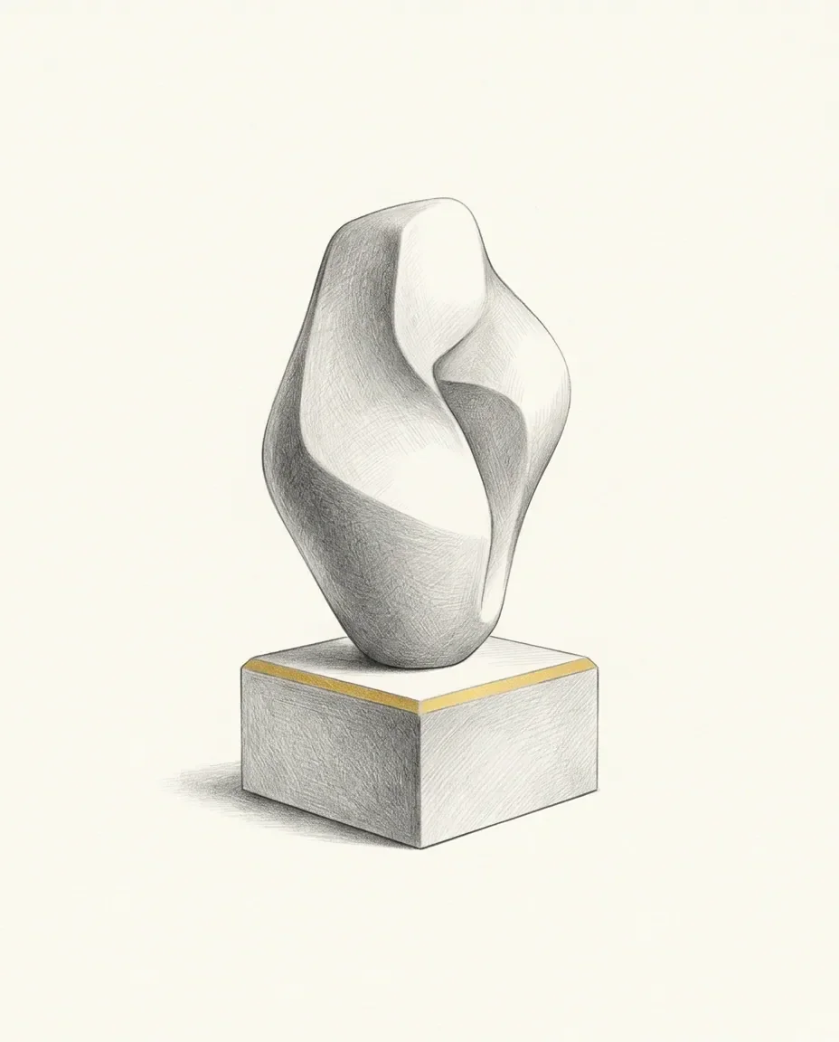 A smooth abstract form curves in on itself on a square plinth, neither angular nor rounded, with a thin gold line at the base.