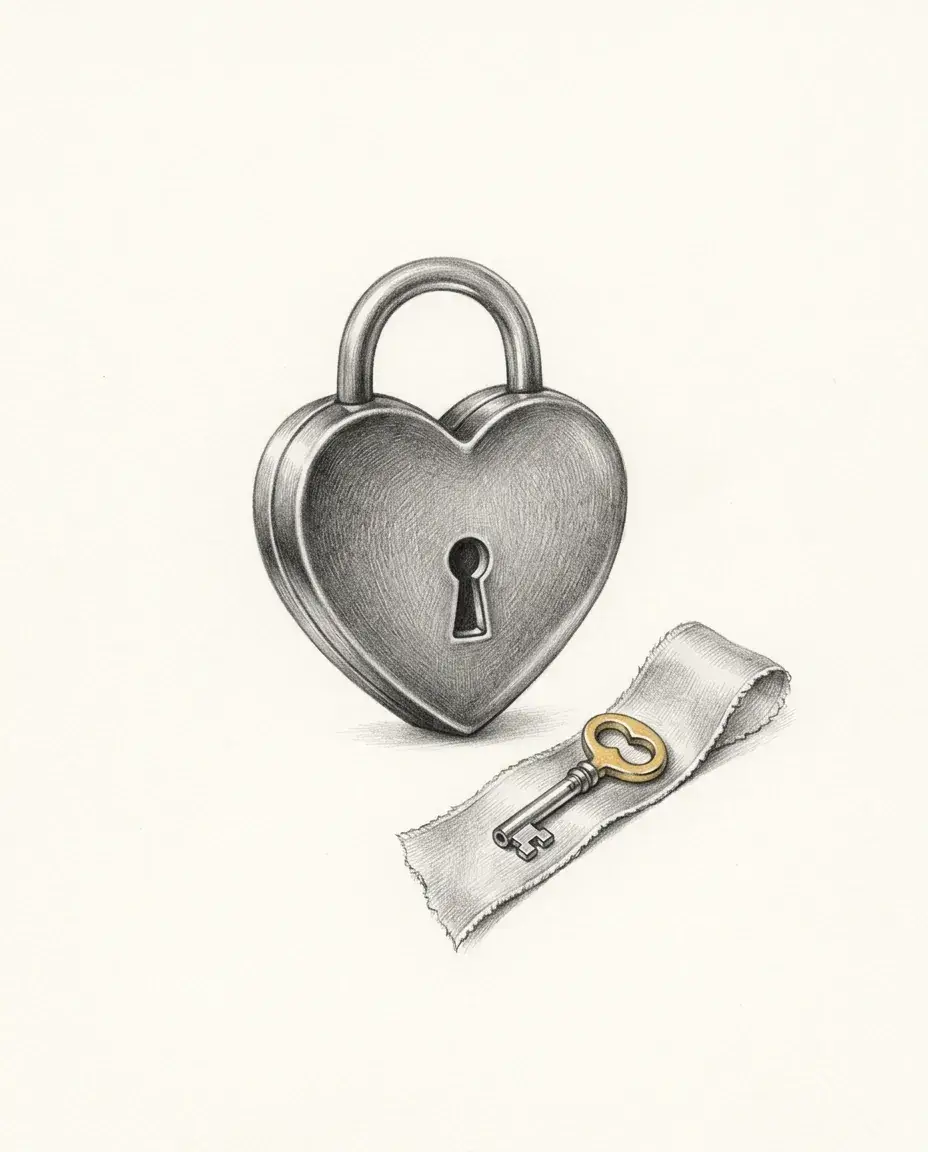 A heart-shaped padlock sits closed with its keyhole facing out, the small gold key resting apart on a separate strip of ribbon.