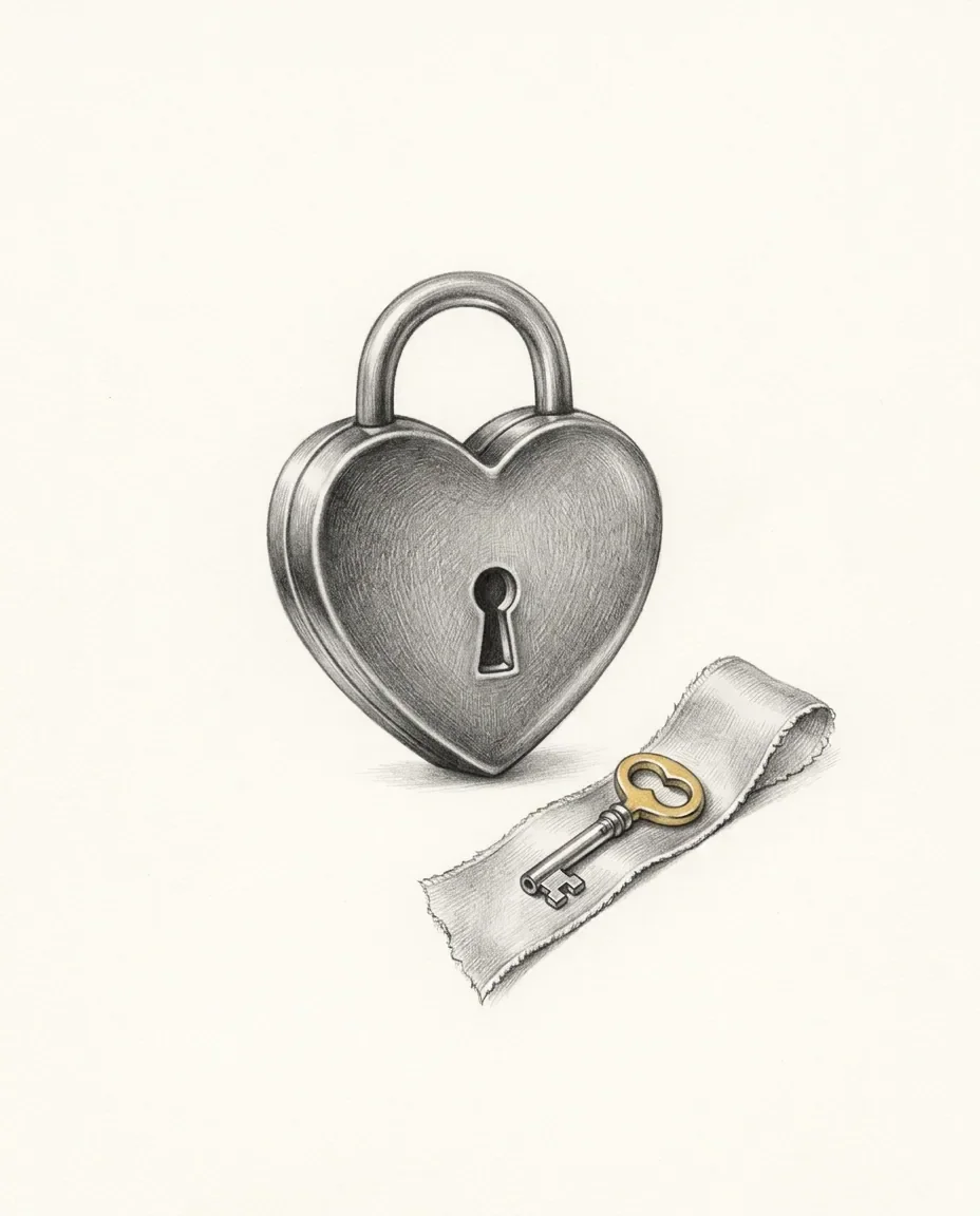 A heart-shaped padlock sits closed with its keyhole facing out, the small gold key resting apart on a separate strip of ribbon.