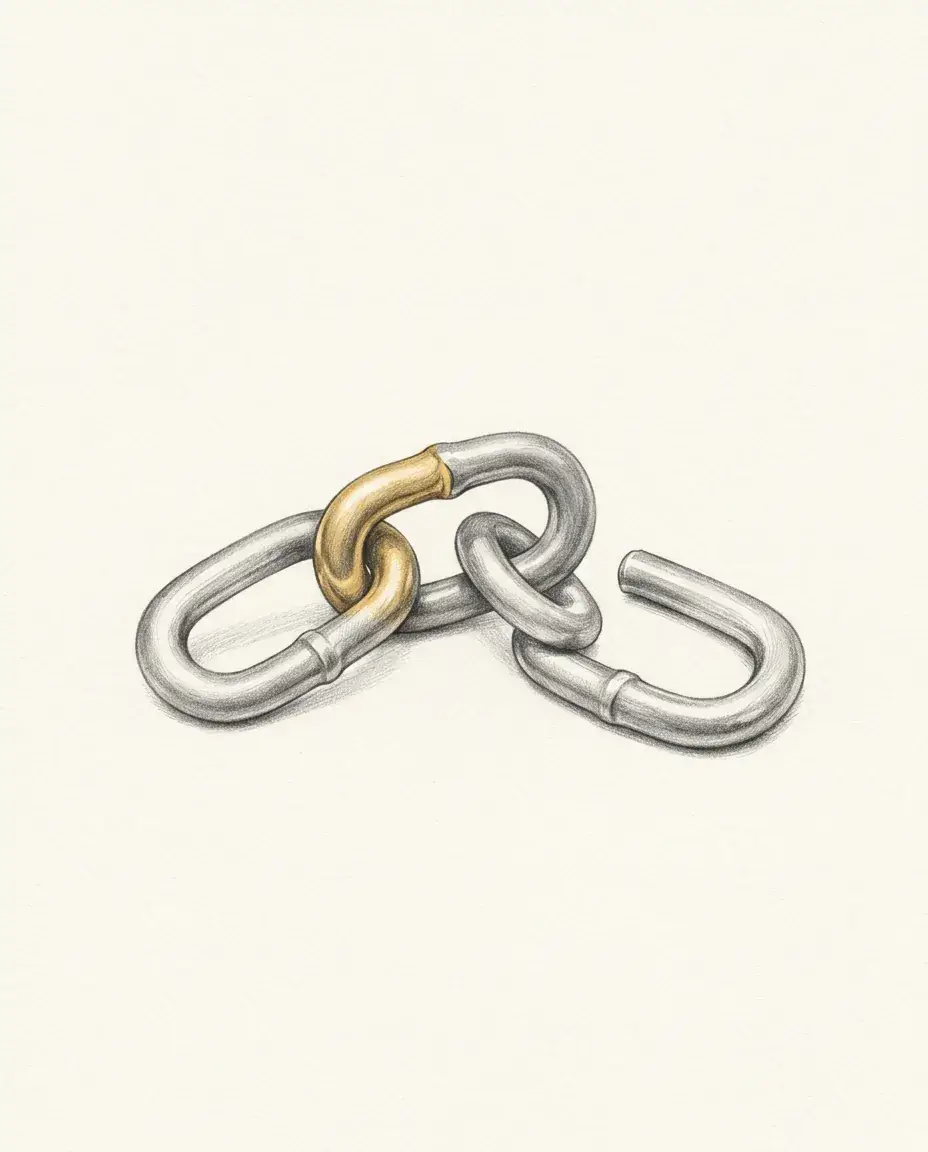 Two chain links hold fast to each other, one of them gold, while a third link lies open-ended and unattached beside them.