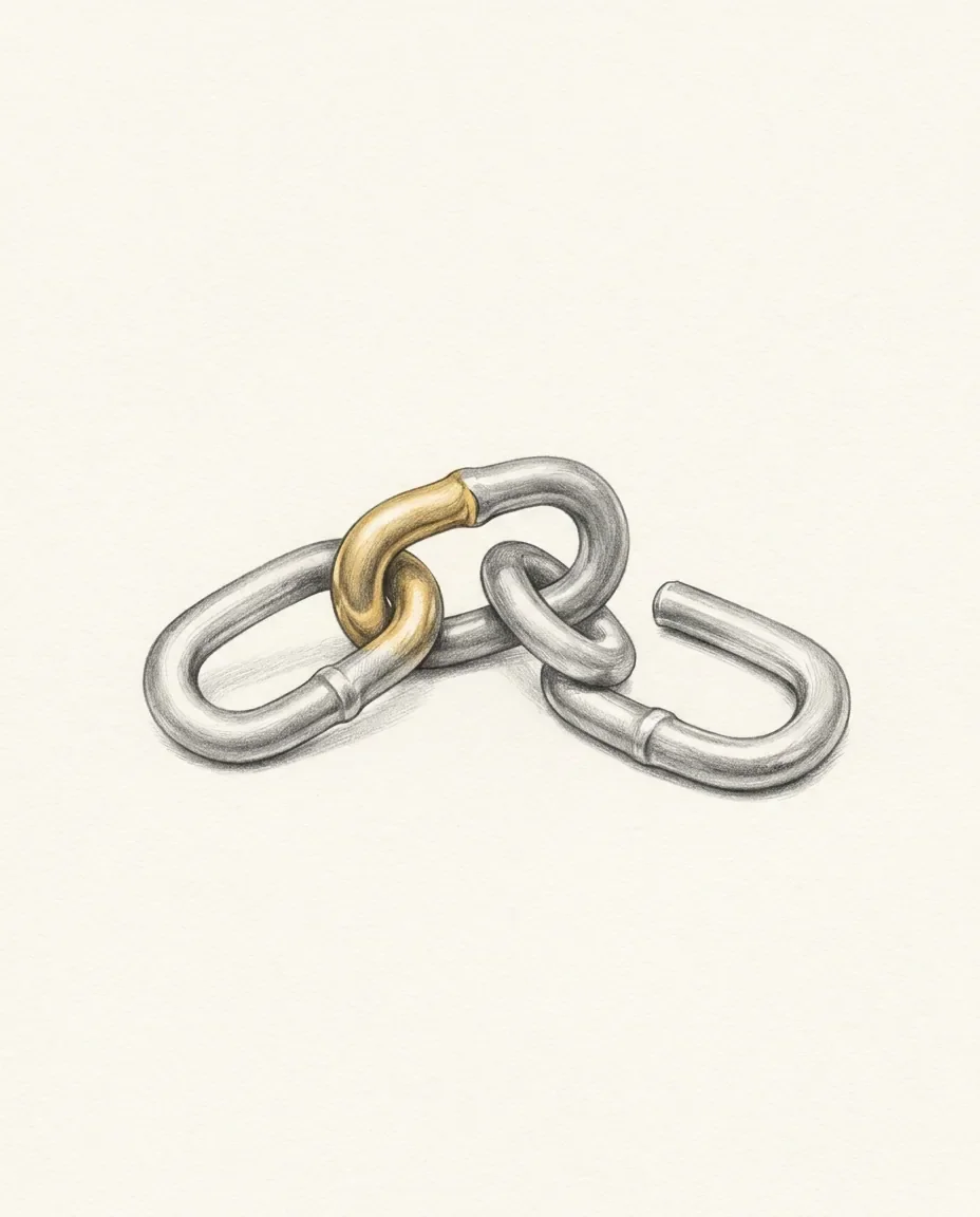 Two chain links hold fast to each other, one of them gold, while a third link lies open-ended and unattached beside them.