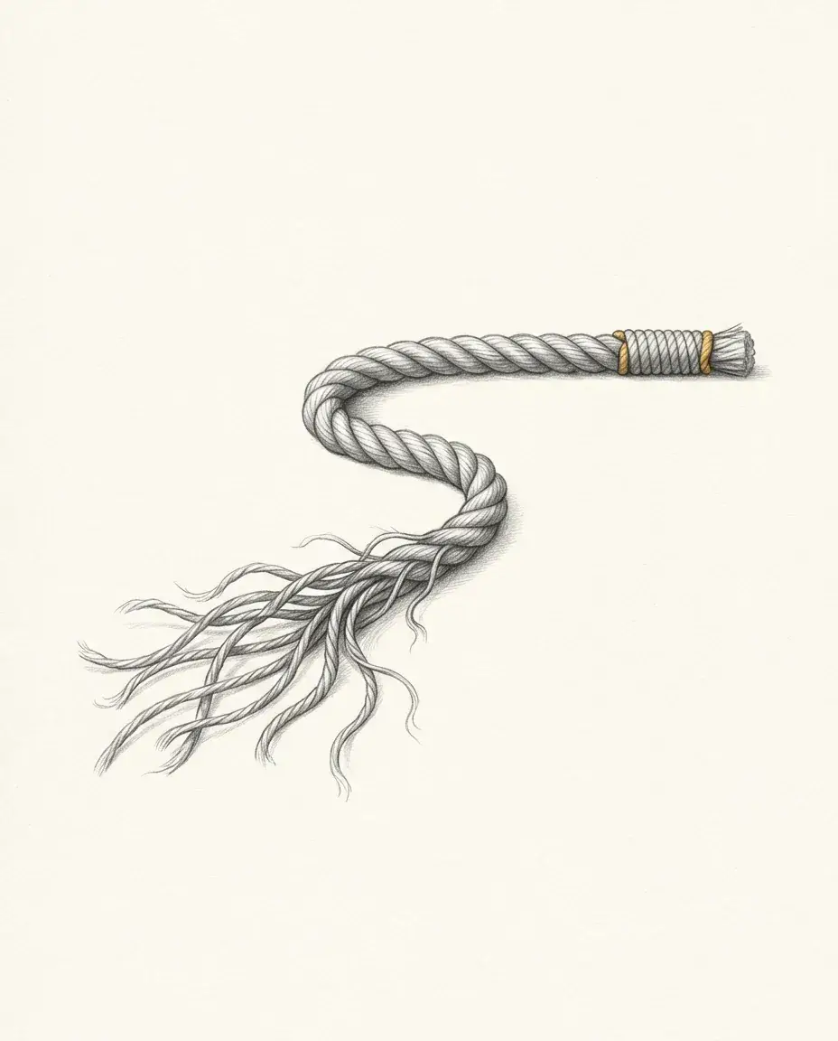 A rope runs from a tightly whipped end bound in gold to a near end that has come apart into loose separate strands.