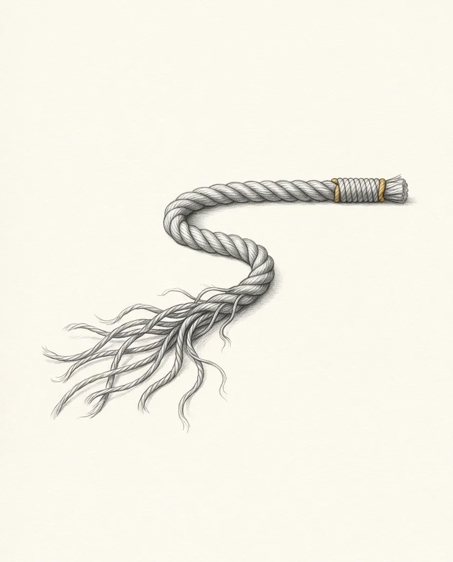 A rope runs from a tightly whipped end bound in gold to a near end that has come apart into loose separate strands.