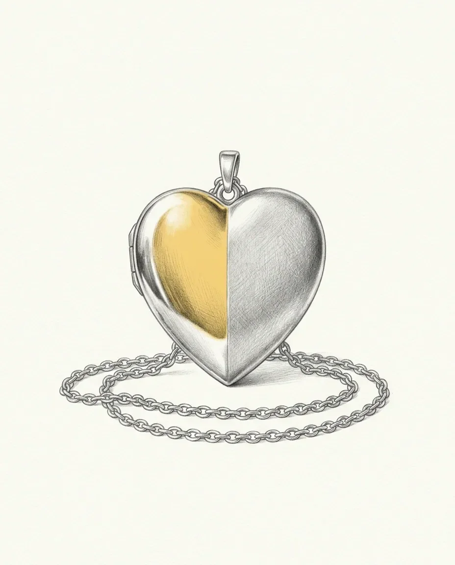 A heart locket hangs above a pooled chain with one half of its face bright gold and the other left matte.
