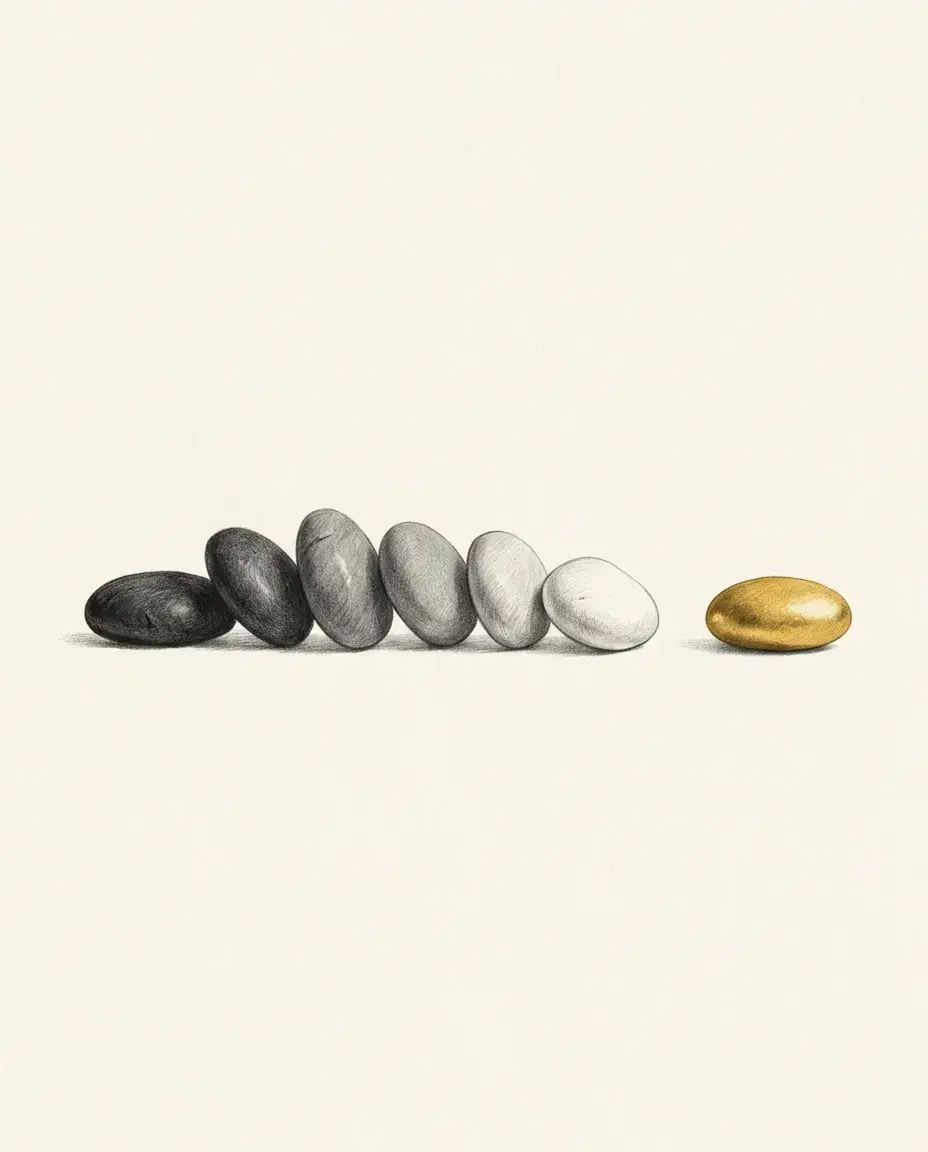 Six smooth stones lie in a row shading from near black to white, with a seventh in solid gold set apart to the right.