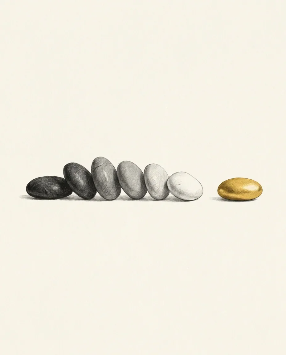 Six smooth stones lie in a row shading from near black to white, with a seventh in solid gold set apart to the right.