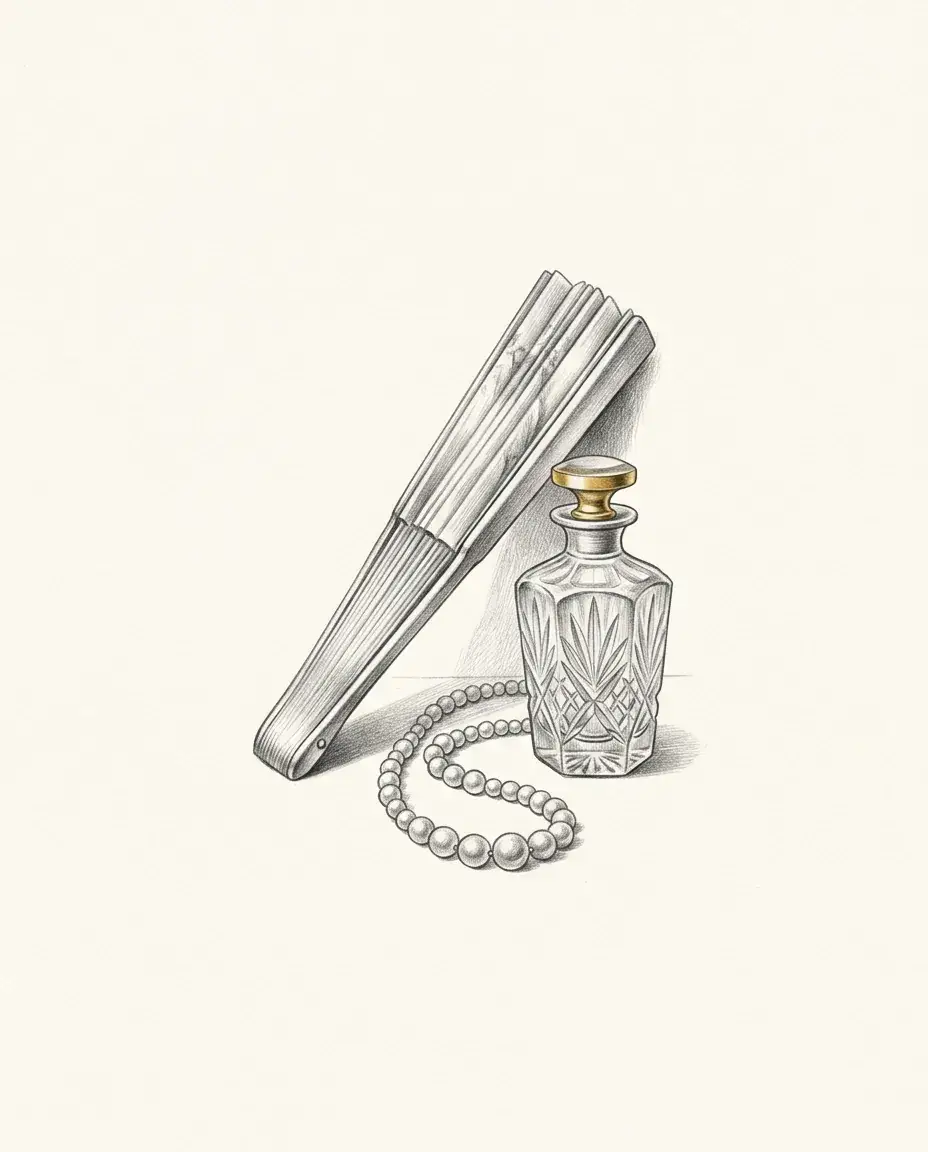 A folded silk fan leans against a cut-glass perfume bottle with a gilt stopper, a strand of pearls curving on the surface below.