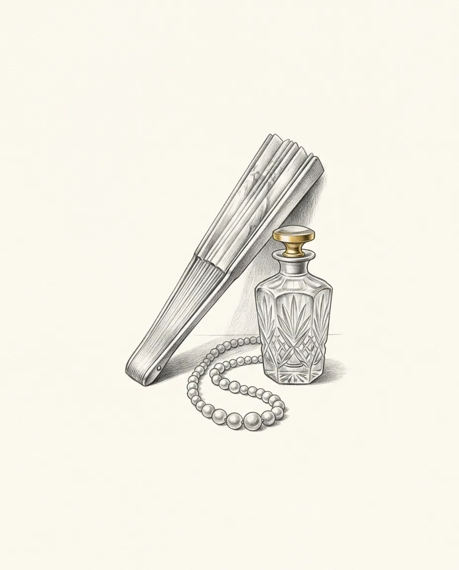 A folded silk fan leans against a cut-glass perfume bottle with a gilt stopper, a strand of pearls curving on the surface below.