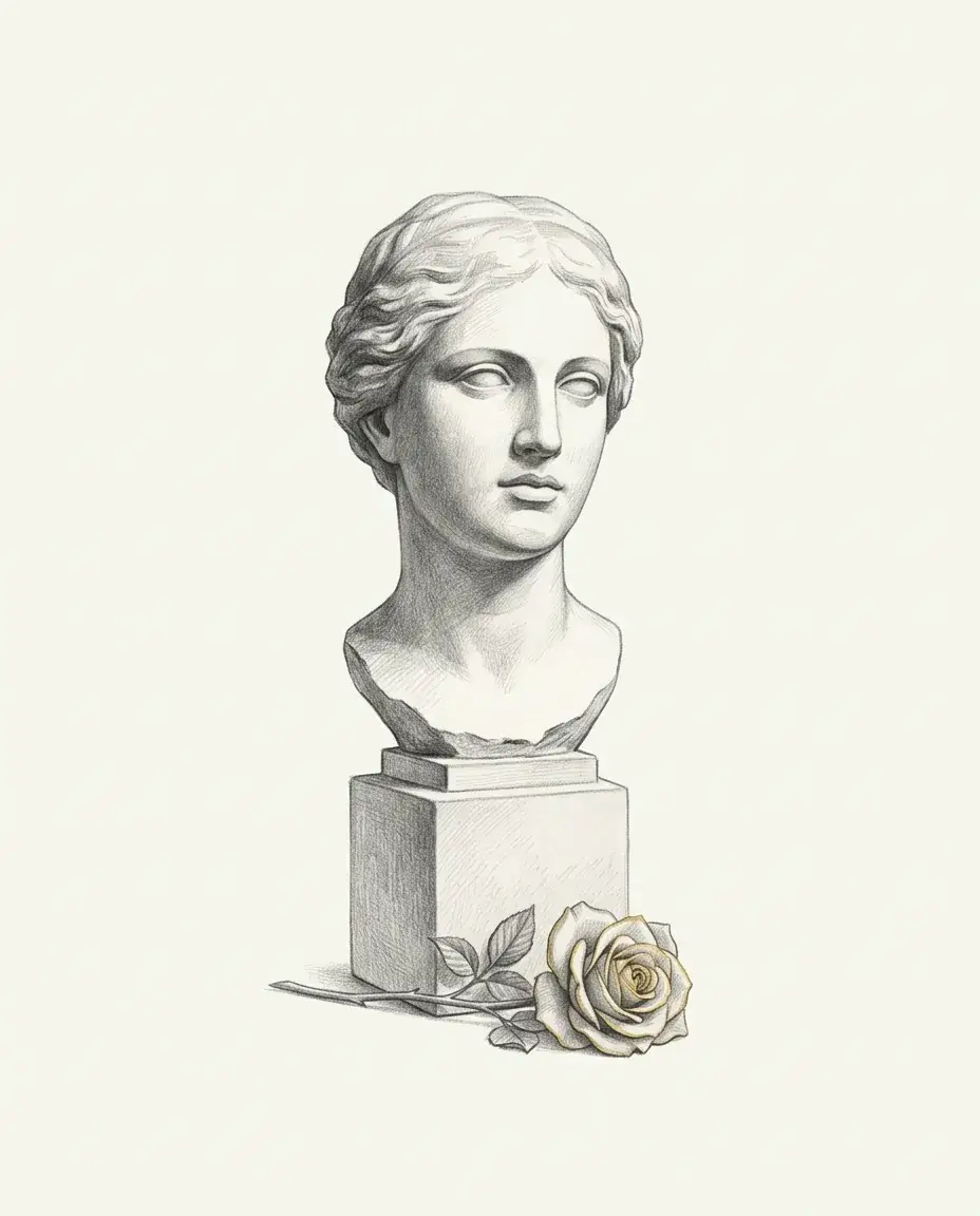 A marble bust of a woman looks past the viewer from a square plinth, a single gilded rose lying at the foot of the block.