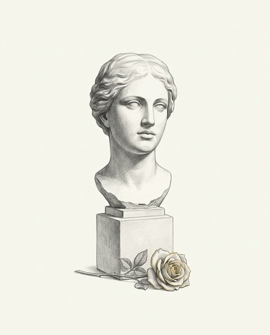 A marble bust of a woman looks past the viewer from a square plinth, a single gilded rose lying at the foot of the block.