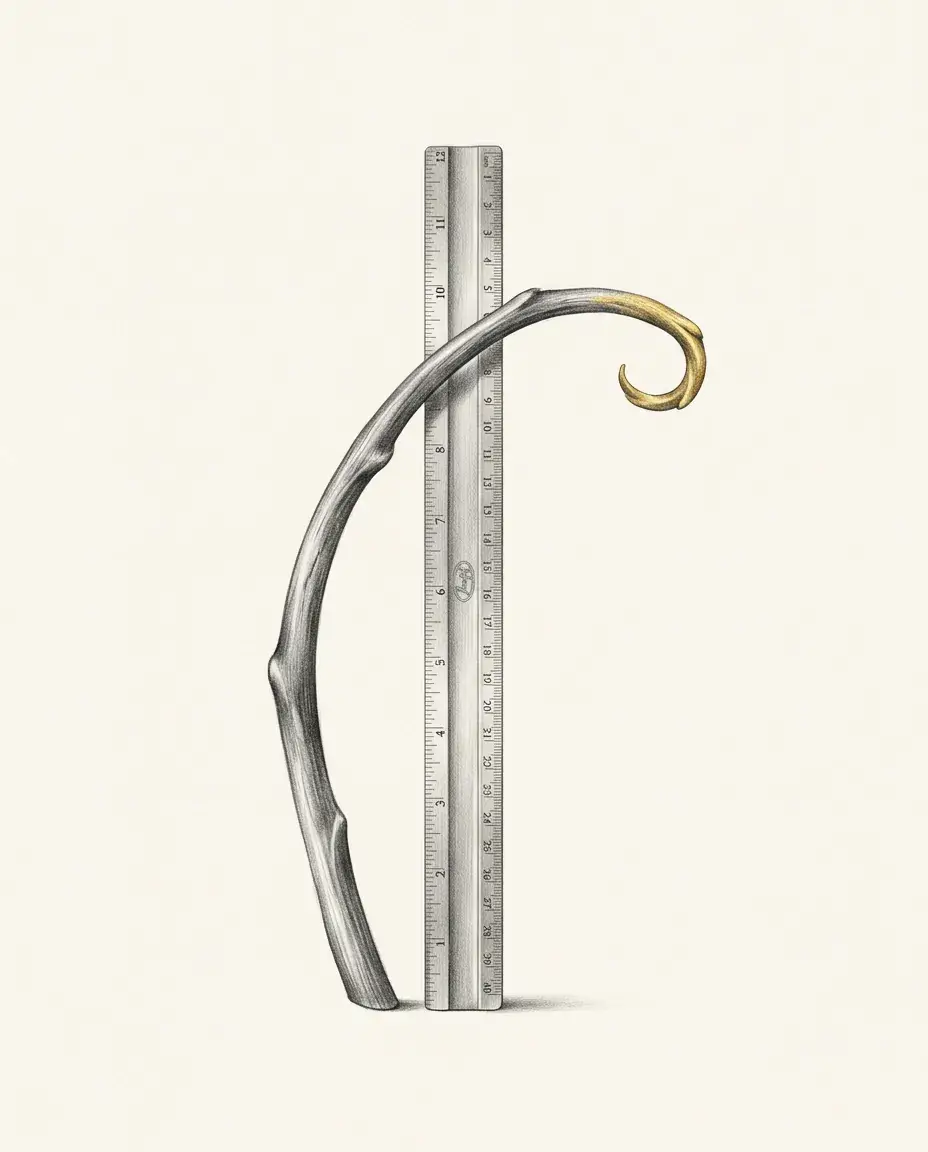 A steel rule stands dead straight while a willow branch bends past it in a long curve, the tip curling over in gold.