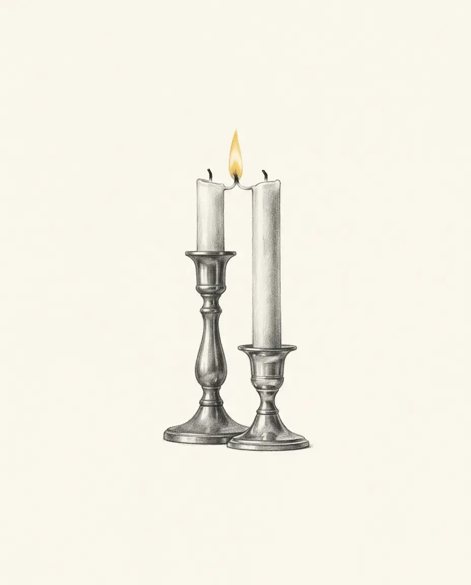 Two candlesticks of different height stand close enough that one flame burns in the gap between their wicks.