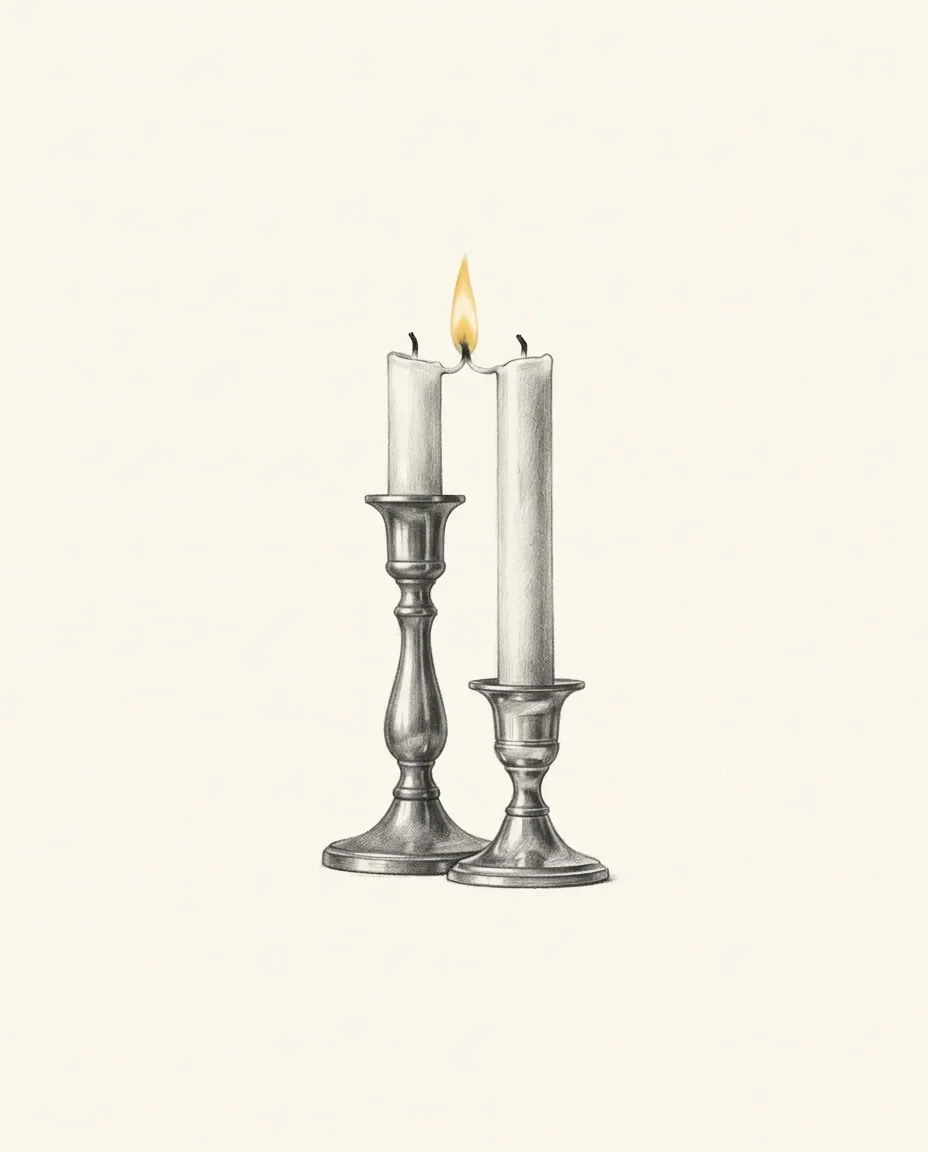 Two candlesticks of different height stand close enough that one flame burns in the gap between their wicks.