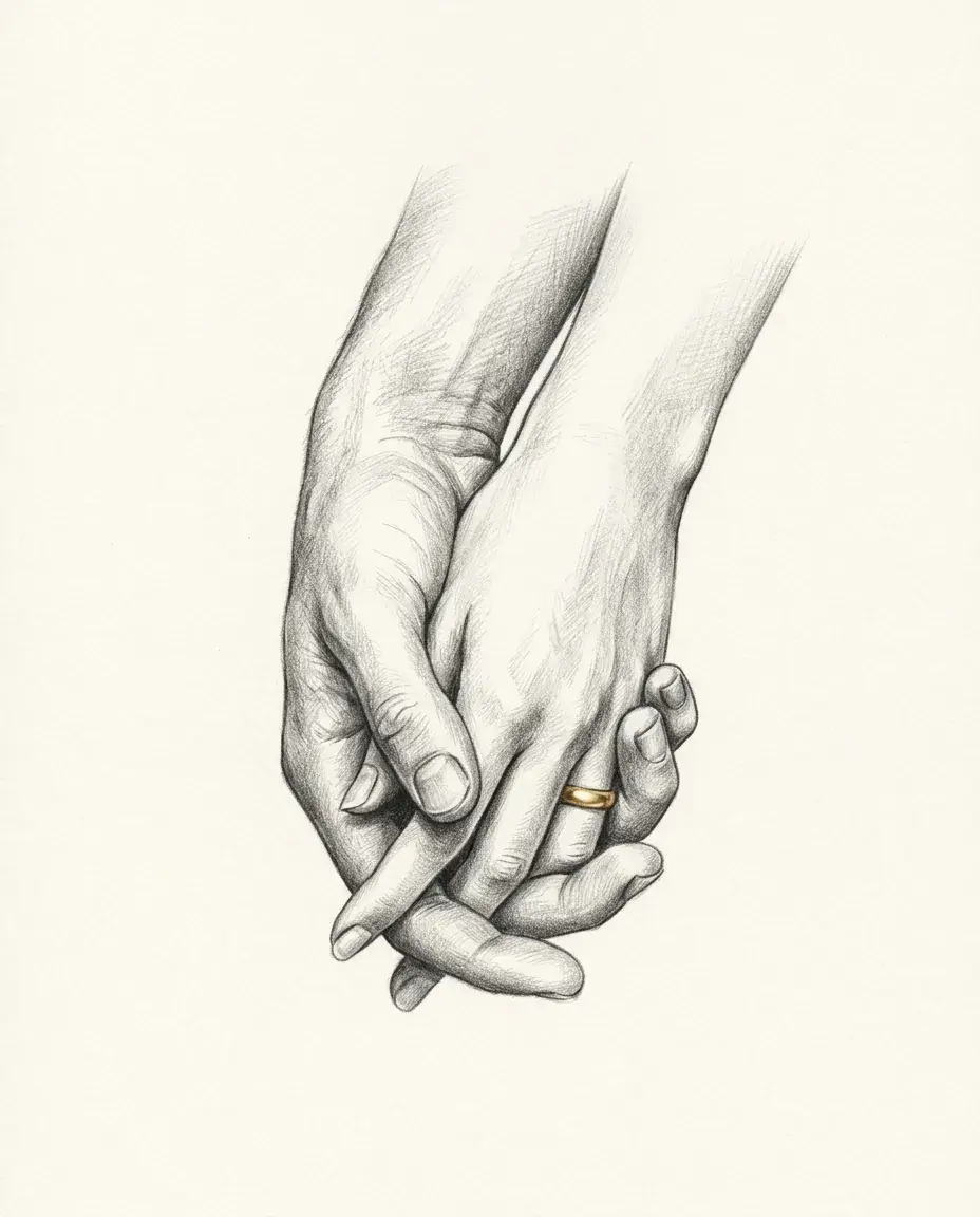 Two hands clasp loosely at the fingers, one broader and one more slender, with a gold band on the slimmer hand.