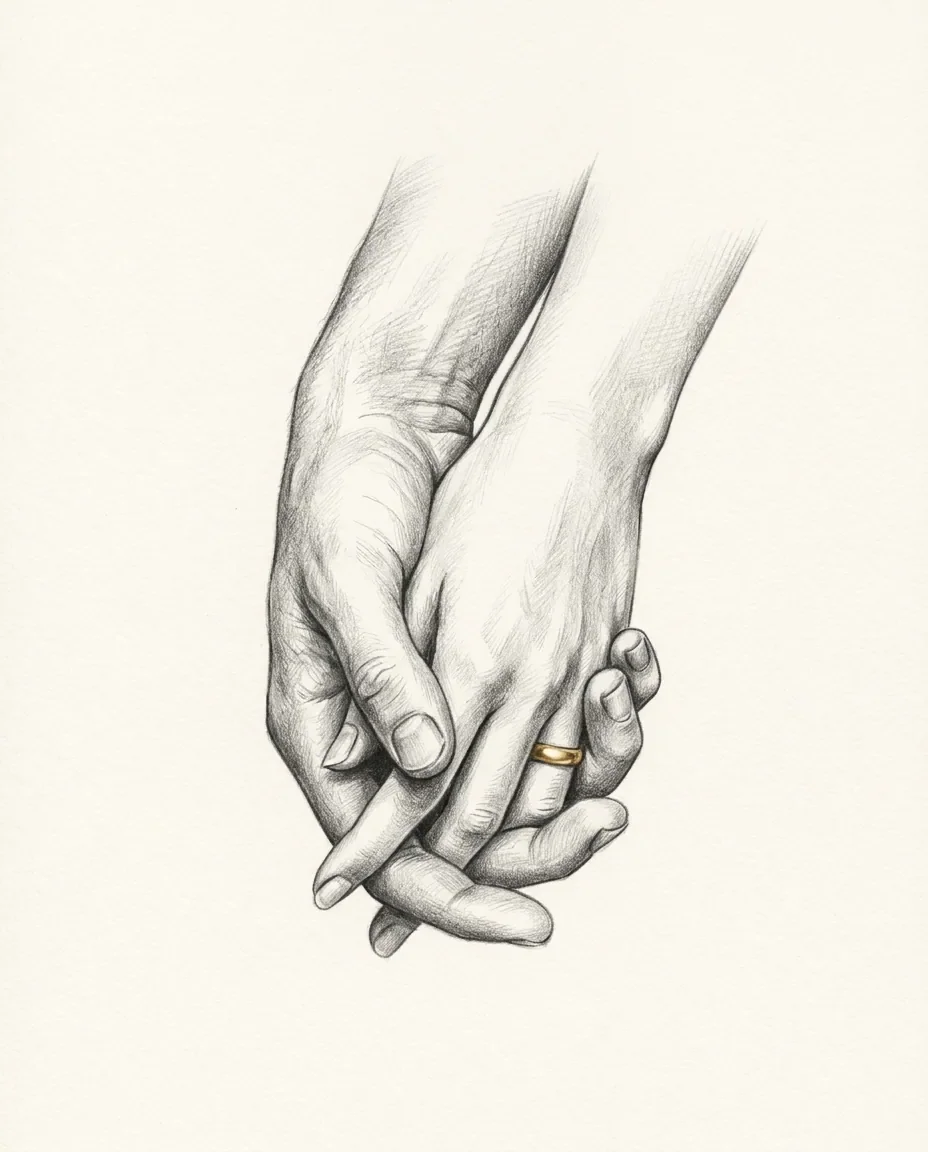 Two hands clasp loosely at the fingers, one broader and one more slender, with a gold band on the slimmer hand.