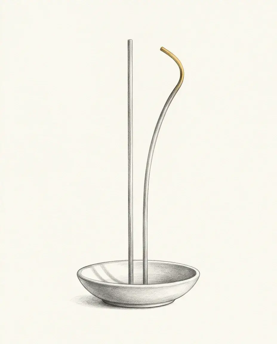 Two identical reeds rise from a shallow dish, one standing straight and the other bowing toward it with a gold tip.