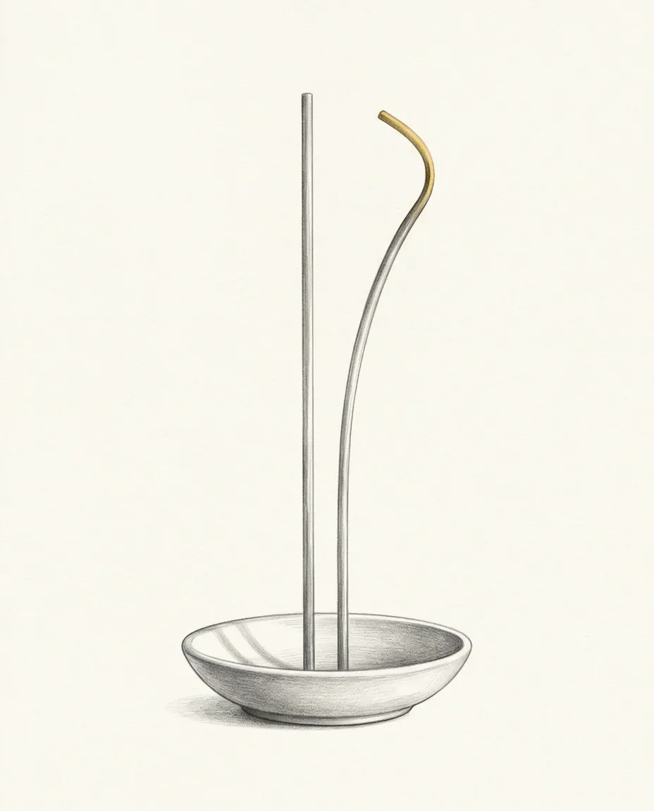 Two identical reeds rise from a shallow dish, one standing straight and the other bowing toward it with a gold tip.
