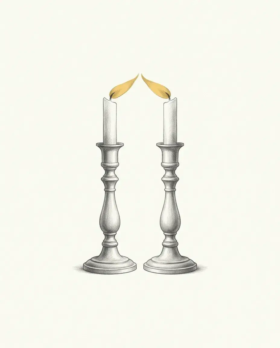 Two matching candlesticks face each other with their flames leaning inward until the two tips almost touch.