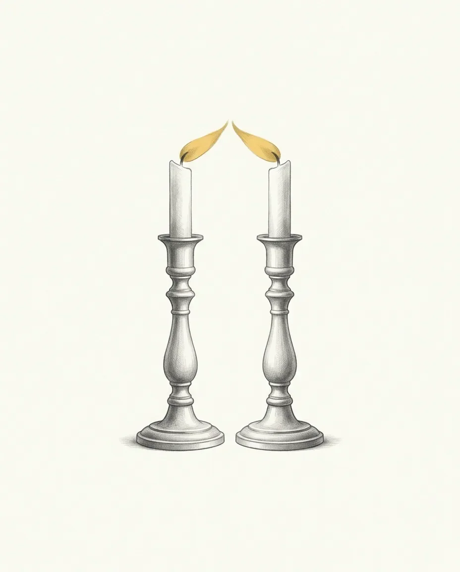 Two matching candlesticks face each other with their flames leaning inward until the two tips almost touch.