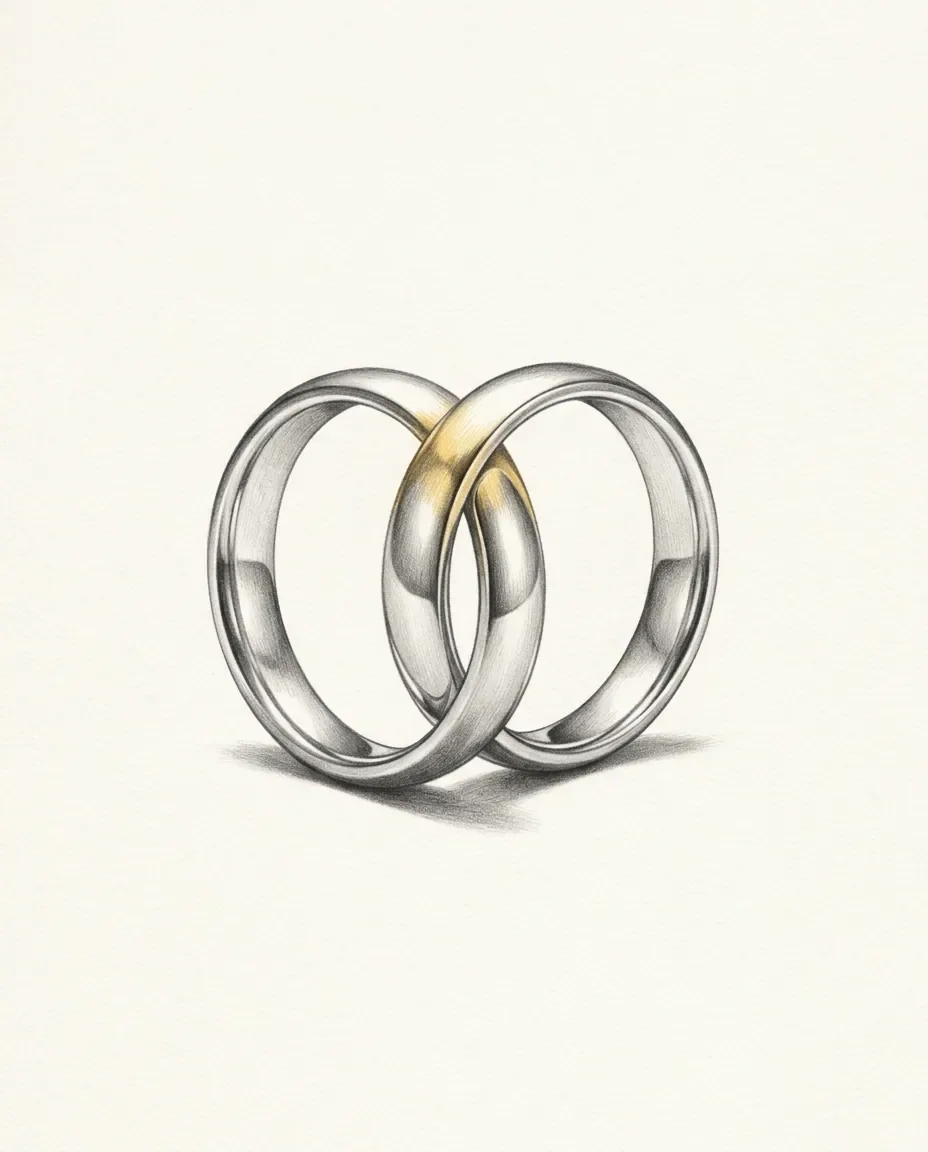 Two matched rings stand interlocked and upright, gold warming the point where one passes through the other.