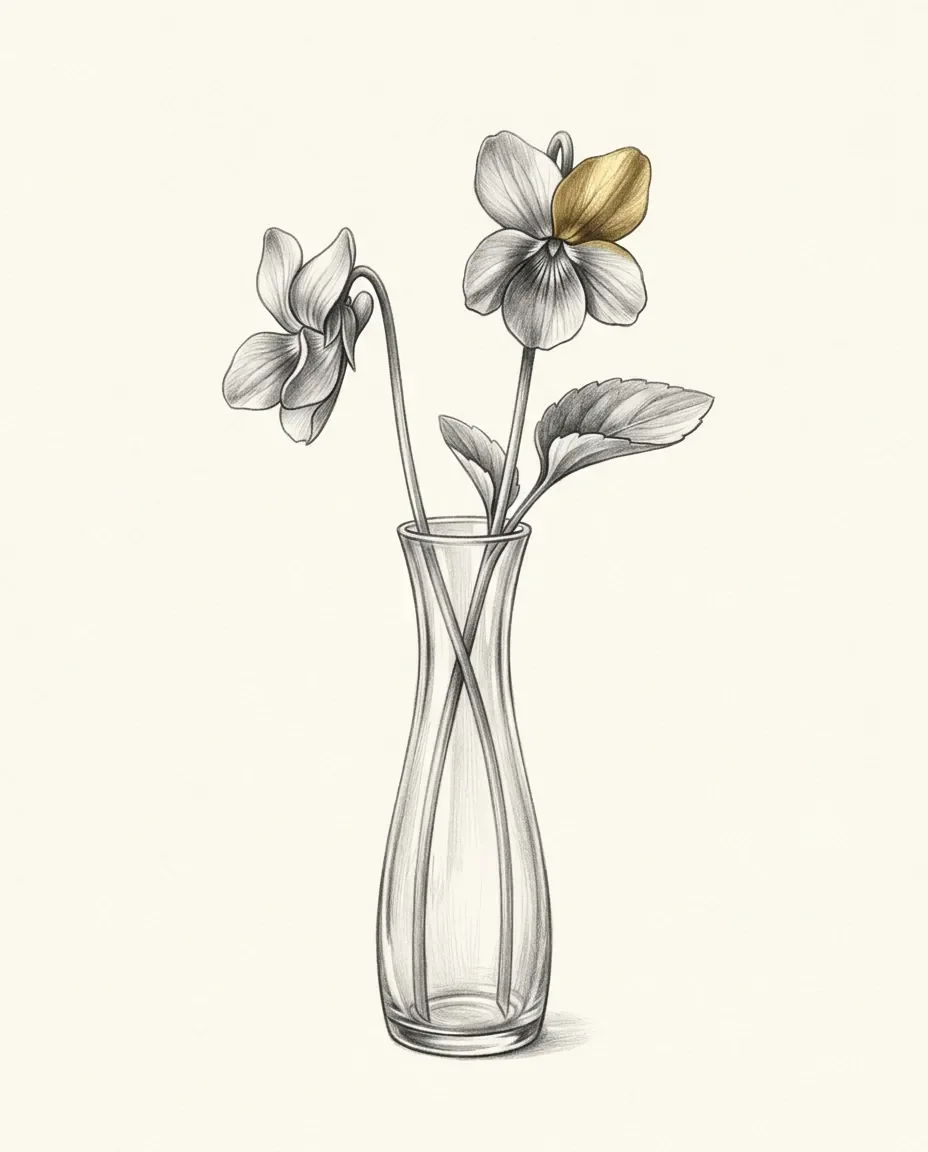 Two long-stemmed violets cross inside a slender glass vase, one open bloom carrying a single gilded petal.