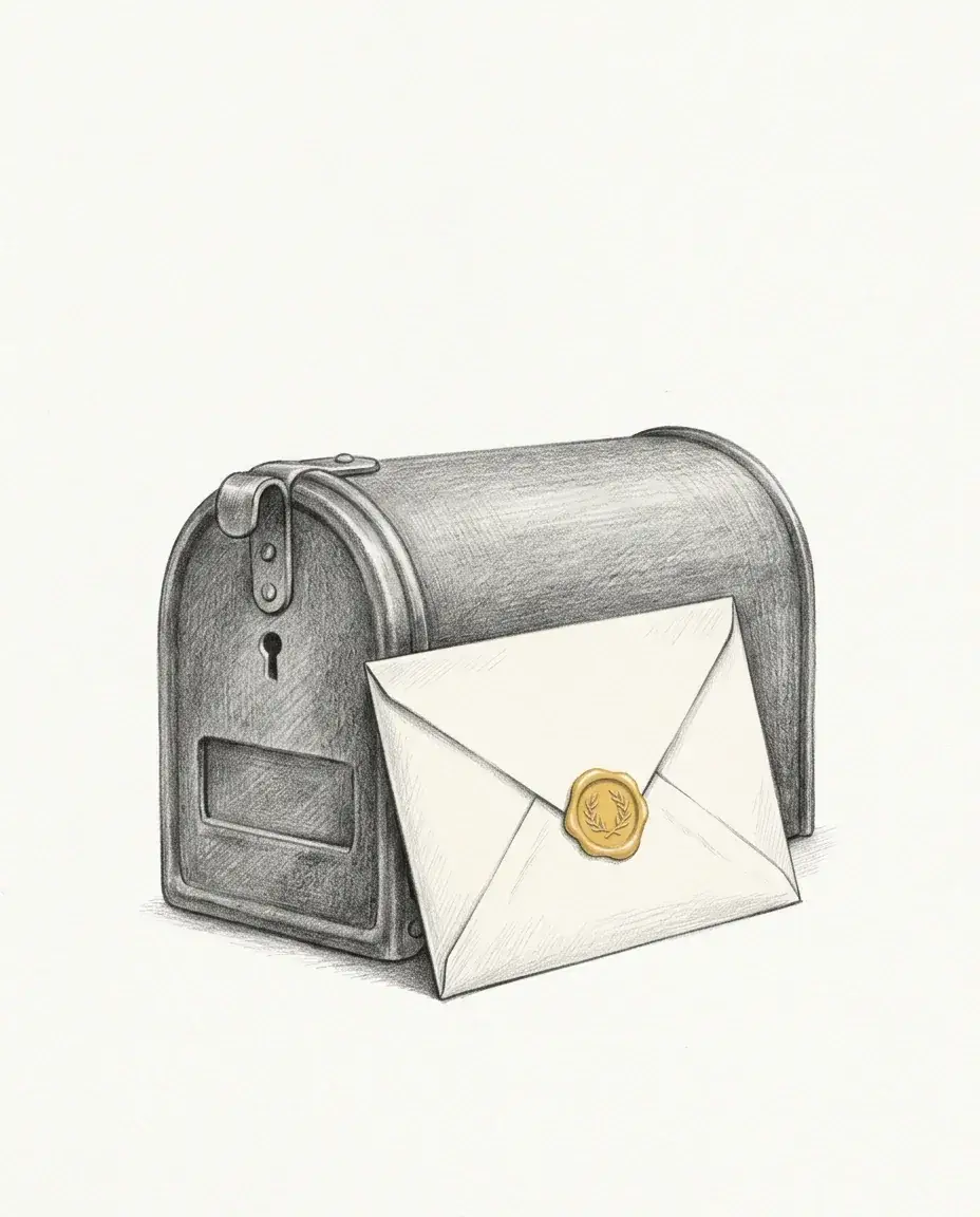 A sealed envelope with a gold wax seal leans against a closed cast-iron letterbox, delivered but not taken in.