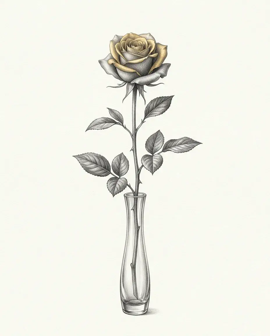 A single rose stands in a narrow bud vase, its petals edged in gold and its leaves spreading down the stem.