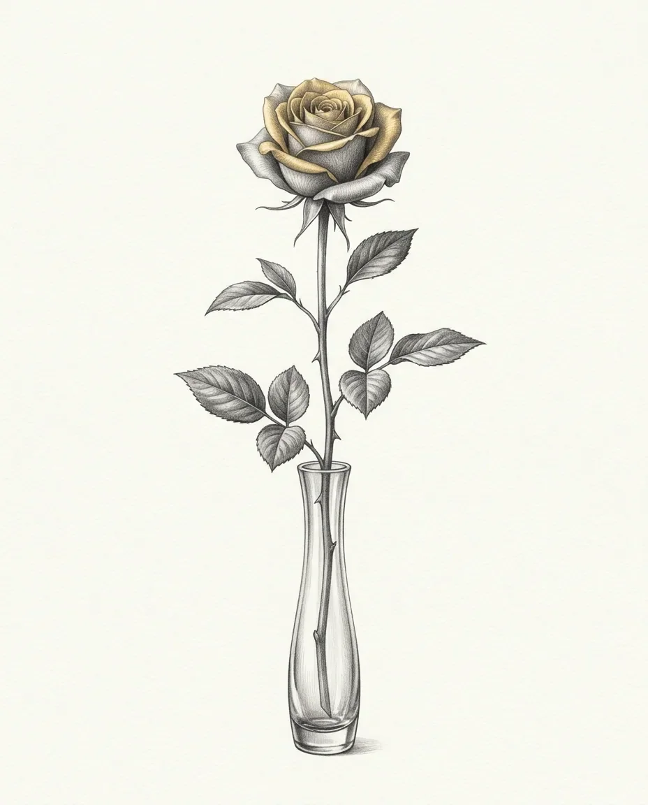 A single rose stands in a narrow bud vase, its petals edged in gold and its leaves spreading down the stem.