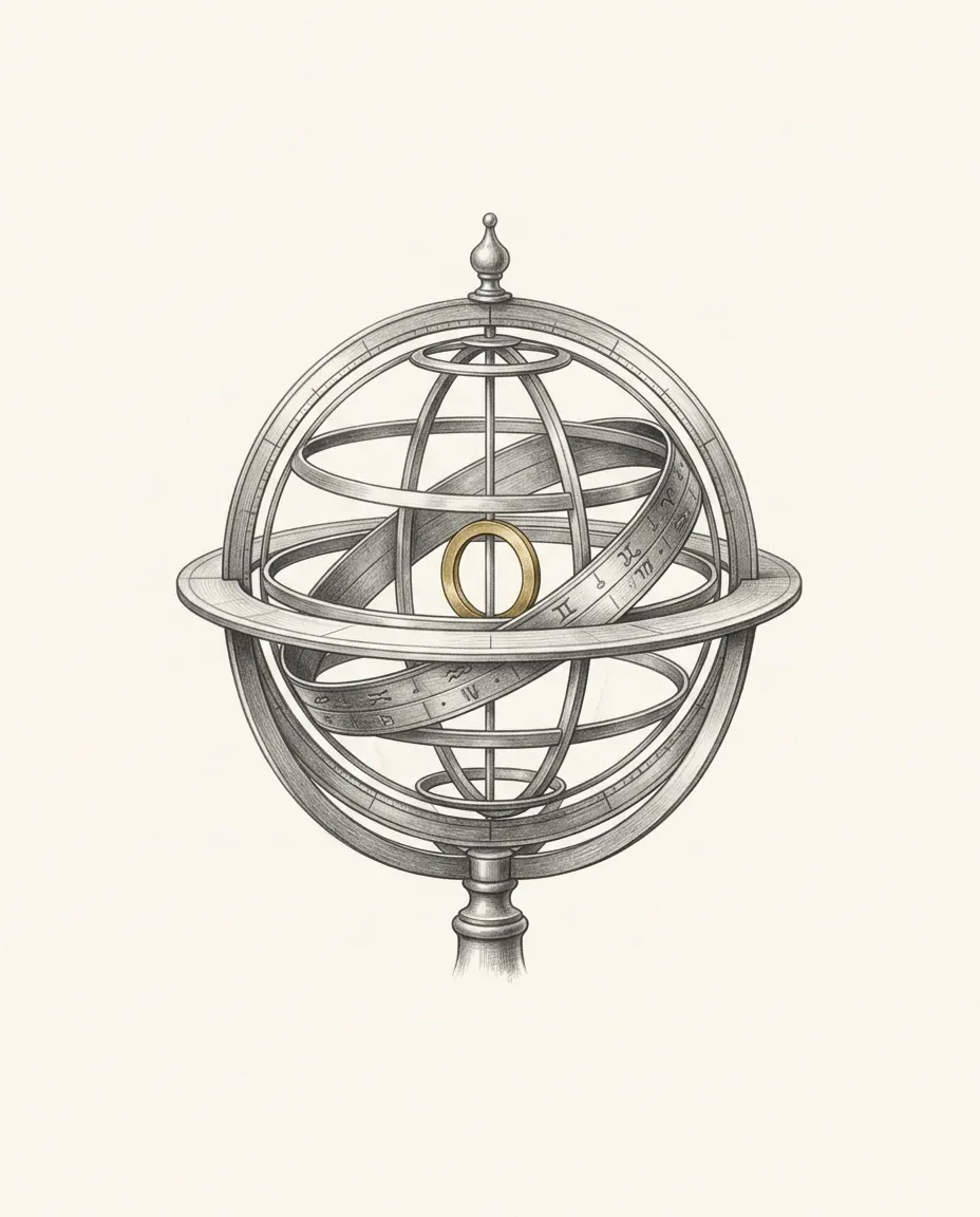 An armillary sphere turns on its stand with every band intact, a small gold ring held at the very centre.